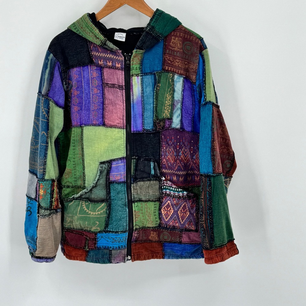 Parava Clothing Patchwork Fleece Lined Zip Up Hoodie Boho Artwear Oversized M/L